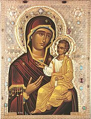 The Iveron Theotokos (Iverskaya), an 11th-century Russian icon based on the 10th-century Hodegetria type, Iviron Monastery, Mount Athos.