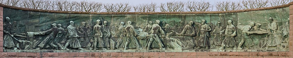 Detail panorama of Monument "Tiegelgussdenkmal" showing steps of crucible steel production