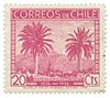 Un timbre couleur rose saumon, d'une valeur affichée de 20 cts représente deux cocotiers du Chili âgés de part et d'autre du timbre qui est bordé par deux frises verticales. En-tête du timbre : Correos de Chile avec deux dates au bas du timbre : 1536-1936. La légende du dessin se fond au bas du paysage comme suit : Palma chilena Ocoa. Dans le fond du paysage, des montagnes sont dessinées et des végétaux entourent les stipes de jubaea.