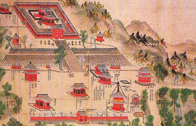 An example of jingū-ji: Tsurugaoka Hachiman-gū-ji in an old drawing. In the foreground the shrine-temple's Buddhist structures (not extant), among the