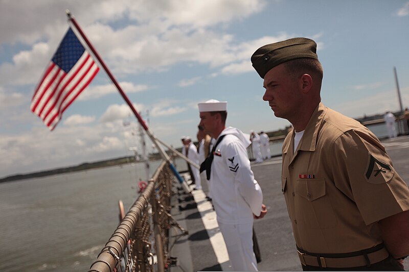 File:U.S. Marines and Sailors with Security Cooperation Task Force Africa Partnership Station 2012 man the rails aboard the amphibious dock landing ship USS Fort McHenry (LSD 43) in Brittany, France, July 24, 2012 120720-M-CO457-024.jpg