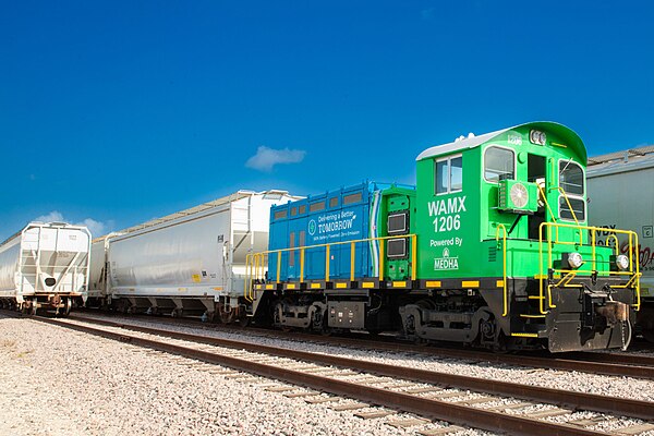 One of the new Watco battery-powered switching locomotives.