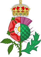 The Tudor rose dimidiated with the Scottish thistle, James used the device as a royal heraldic badge.