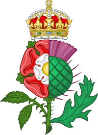 Odznak unie tudorovských růžových korun rezignovaný se skotským bodlákem, který používali král Jakub I. a VI. jako symbol osobní unie jejich království.