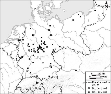 A map showing the German dialect area with black/white squares indicating the Ich-Laut and the Ach-Laut