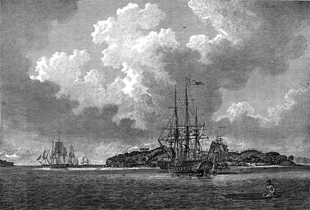 The First Fleet in Botany Bay at voyage's end in 1788. Its arrival marked the establishment of the colony of New South Wales and the office of the gov