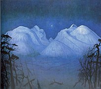 Vinternatt i fjellene av Harald Sohlberg 1914. Kjøpt for 10 000 av kunstneren, donert 1918 til Nasjonalmuseet.[14]