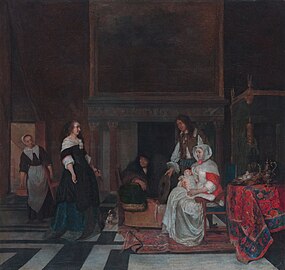 Vierailu synnytyksen jälkeen, 1661, 77.5 × 81.3 cm, Metropolitan Museum of Art, New York.