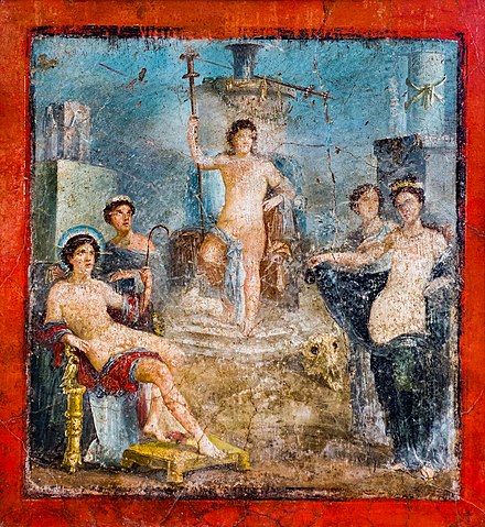 Dionysus (Bacchus) with long torch sitting on a throne, with Helios (Sol), Aphrodite (Venus) and other gods. Wall-painting from Pompeii, Italy