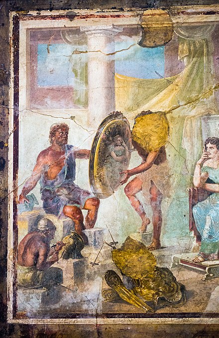 Thetis at Hephaestus' forge waiting to receive Achilles' new weapons. Fresco from Pompeii.