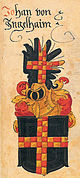 Wappen des „Johan von Ingelhaim“ als Teilnehmer eines Ritterturniers zu Worms im Jahre 1209