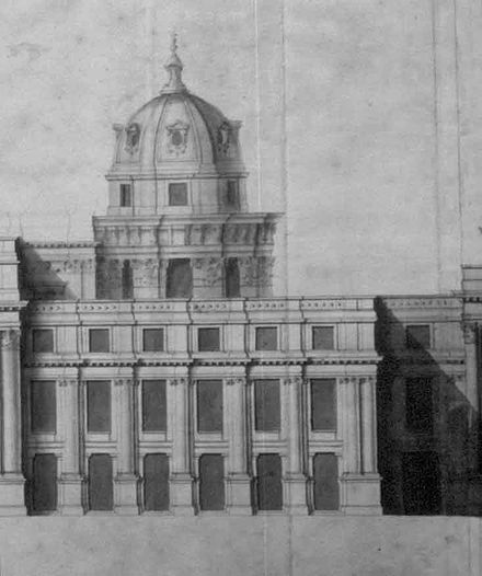 Part of a proposal for the replacement of the palace drawn by Christopher Wren in 1698. The palace was never rebuilt.