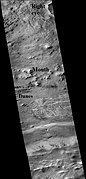 Part of Galle crater, as seen by CTX camera. The right "eye" and "mouth" are labeled. One of two dune fields are labeled as well.