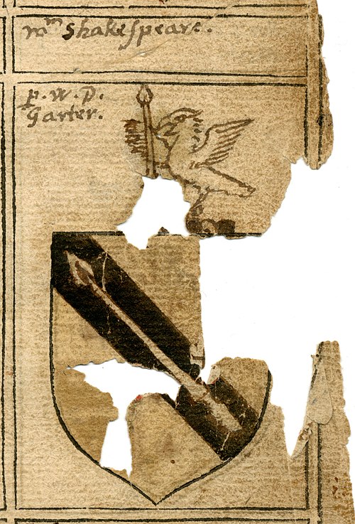 Shakespeare's coat of arms, from the 1602 book The book of coates and creasts. Promptuarium armorum. It features spears as a pun on the family name.