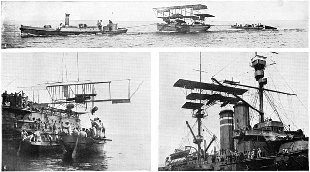 Collage depicting Commander Charles Samson's Short Improved S.27 aircraft being towed to and then hoisted aboard Hibernia