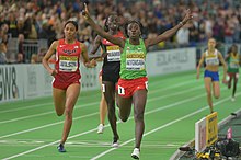 Niyonsaba wins the 800 m at the 2016 World Indoor Championships in Portland. Women's 800 metres Portland 2016.jpg