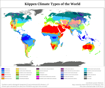 Map of world dividing climate zones, largely influenced by latitude. The zones, going from the equator upward (and downward) are Tropical, Dry, Moderate, Continental and Polar. There are subzones within these zones.