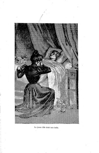 Illustration, la jeune fille était très belle. Une femme en noir agenouillée devant un lit dans lequel git une jeune personne.