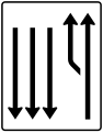Zeichen 542–14 Aufleitungstafel – mit Gegenverkehr – einstreifig plus Fahrstreifen links und 3 Fahrstreifen in Gegenrichtung