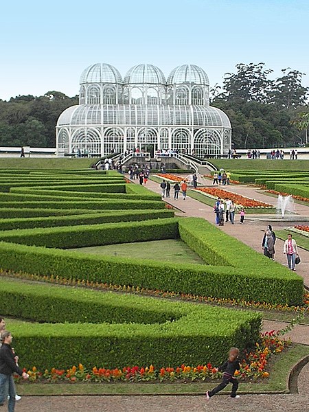 Partial view from the Botanical Garden of Curitiba (Southern Brazil): parterres, flowers, fountains, sculptures, greenhouses and tracks composes the p