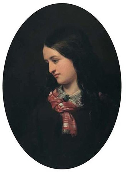 File:'Portrait of a Young Woman with Plaid Scarf', oil painting by Cornelius Krieghoff, 16 x 11.9 in., Ritchies, Toronto.Jpg