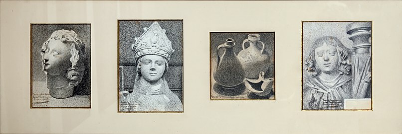 Suite de vignettes figurant sculptures et céramiques, encre sur papier.