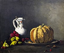 Nature morte à la citrouille et aux prunes, cerises et figues avec pot ( Still life with pumpkin and plums, cherries and figs with jar) by Théodule Ribo - Museo de Bellas Artes de Bilbao