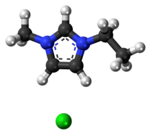 Bola-dan-stick model dari komponen ion dari 1-etil-3-methylimidazolium klorida