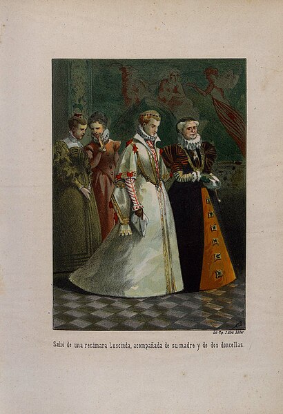 File:1879, El ingenioso hidalgo D. Quijote de la Mancha, Salió de una recámara Luscinda, acompañada de su madre y de dos doncellas, Mestres.jpg