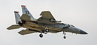 A US Air Force F-15C Eagle, tail number 83-0011, on final approach at Kadena Air Base in Okinawa, Japan. It is assigned to the 67th Fighter Squadron at Kadena AB.