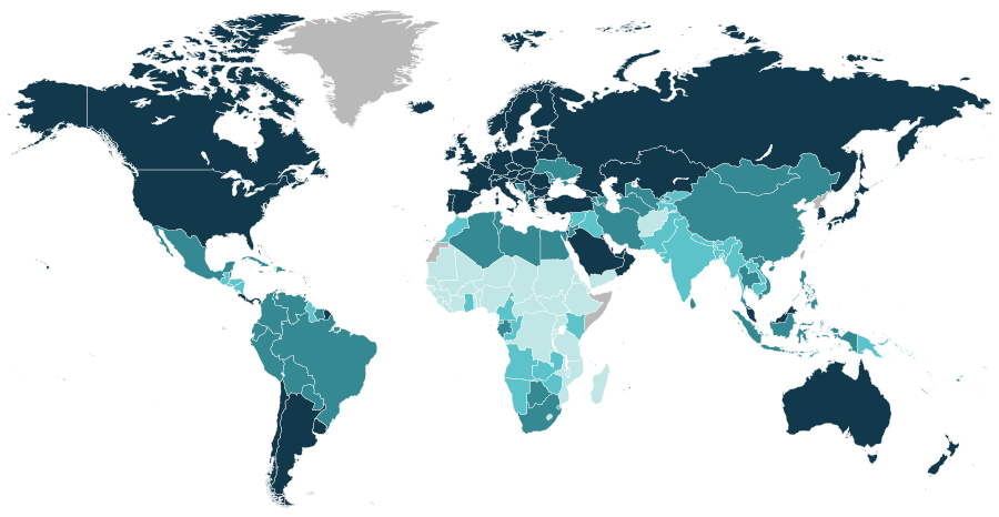 World map representing Human Development Index categories (based on 2019 data, published in 2020)       Very high (≥ 0.800)   High (0.700–0.799)   Medium (0.550–0.699)     Low (≤ 0.549)   Data unavailable