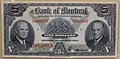 A Bank of Montreal kereskedelmi bank 1942-es szériájú 5 dolláros bankjegyének mintapéldánya.