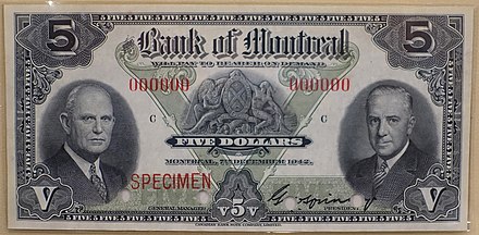 $5 BMO banknote, from 1942. The year was the last that the bank issued its own banknotes for circulation.