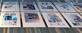 A panel in the Newseum in Washington, D.C., showing newspaper headlines from the day after 9/11 911-Panel.JPG