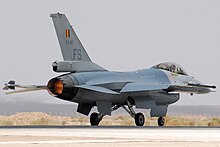Dual ventral fins on an F-16 A Belgian F-16 Fighting Falcon prepares to take off from Mwaffaq Salti AB, Jordan.jpg