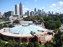 McCamish Pavilion Alexander Memorial Coliseum IN THE FOREGROUND AND DOWNTOWN ATLANTA IN THE BACKGROUND.JPG