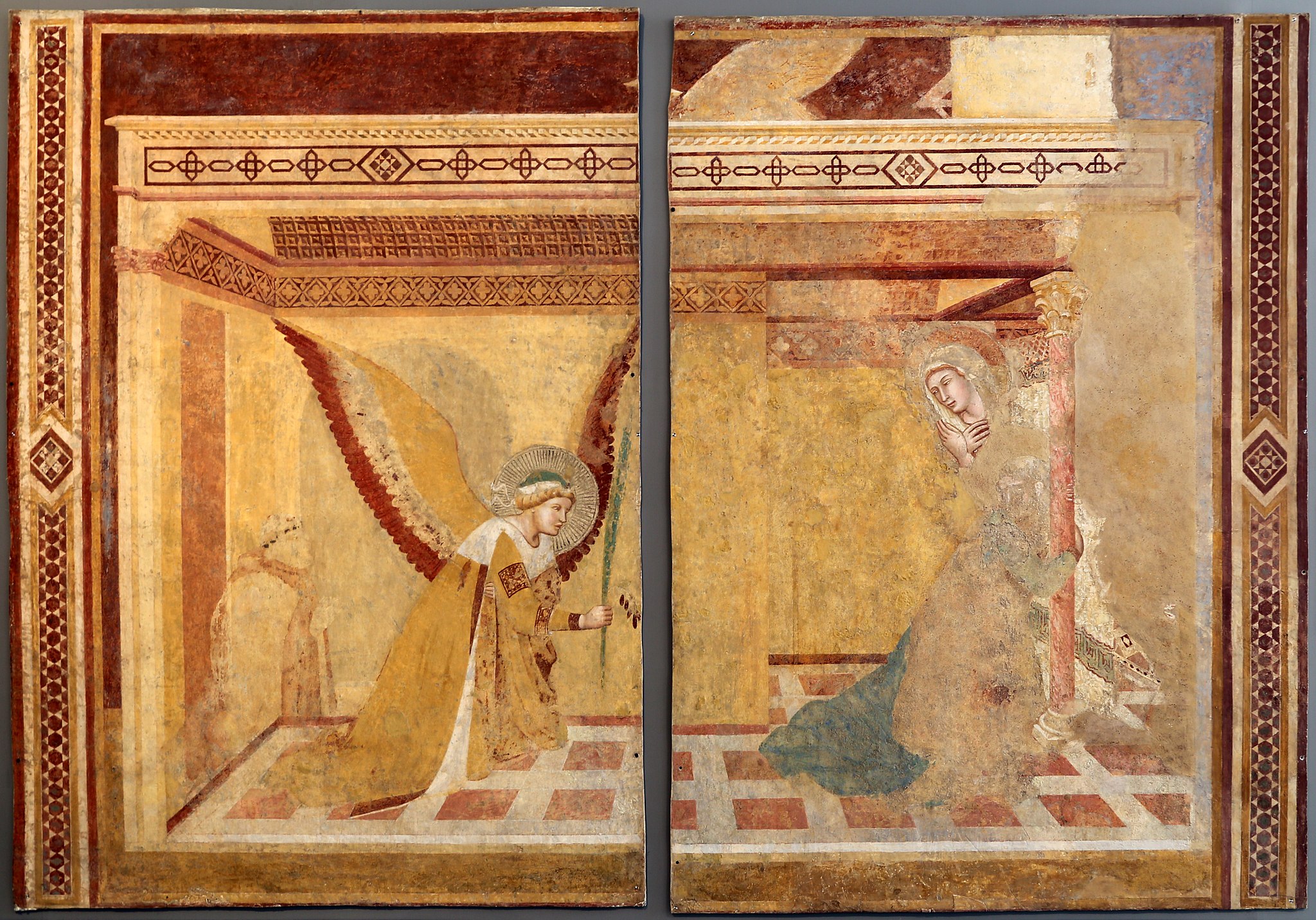 Ambrogio Lorenzetti, particolari dell'Annunciazione, 1334-1336, affresco, cappella di San Galgano a Montesiep