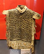 Tlingit body armour made with Chinese cash coins on display at the Peabody Museum of Archaeology and Ethnology, Cambridge, Massachusetts, United States.