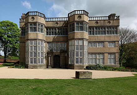The windows of the long gallery are evident on the top floor at Astley Hall, Chorley.