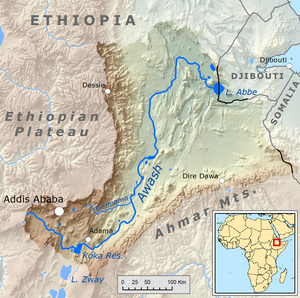 Modern Awash River, Ethiopia, descendant of the Palaeo-Awash, source of the sediments in which the oldest Stone Age tools have been found