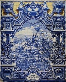 Panel of glazed tiles by Jorge Colaco (1922) depicting an episode from the battle of Aljubarrota (1385) between the Portuguese and Castilian armies. A piece of public art in Lisbon, Portugal. Azulejos Parque Eduardo VII-2.jpg