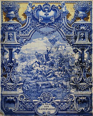 Panel of glazed tiles from Jorge Colaço (1922) representing an episode of the battle of Aljubarrota (1385) between the Portuguese and Castillian armies.