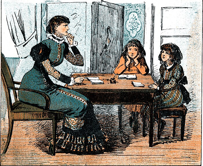Comic strip of a woman sitting at a table with two young girls.