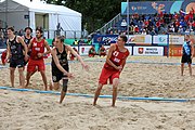 Deutsch: Beachhandball Europameisterschaften 2019 (Beach handball Euro); Tag 6: 7. Juli 2019 – Spiel um Platz Drei, Männer, Ungarn-Russland 2:0 (26:20, 23:22) English: Beach handball Euro; Day 6: 7 July 2019 – Men's Bronze Medal Match – Hungary-Russia 2:0 (26:20, 23:22)