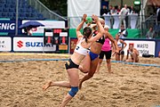 Deutsch: Beachhandball Europameisterschaften 2019 (Beach handball Euro); Tag 5: 6. Juli 2019 – Frauen, Halbfinale, Ungarn-Niederlande 2:0 (19:16, 15:12) English: Beach handball Euro; Day 5: 6 July 2019 – Semifinal Women – Hungary-Netherlands 2:0 (19:16, 15:12)