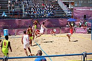 Deutsch: Beachhandball bei den Olympischen Jugendspielen 2018; Tag 4, 10. Oktober 2018; Jungs, Vorrunde, Gruppe A - Spanien-Venezuela 2:0 English: Beach handball at the 2018 Summer Youth Olympics at 10 October 2018 – Boys Preliminary Round Group A – Spain-Venezuela 2:0