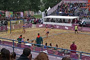 Deutsch: Beachhandball bei den Olympischen Jugendspielen 2018; Tag 6, 12. Oktober 2018; Mädchen, Hauptrundenspiel – Ungarn-Niederlande 2:1 English: Beach handball at the 2018 Summer Youth Olympics at 12 October 2018 – Girls Main Round – Hungary-Netherlands 2:1