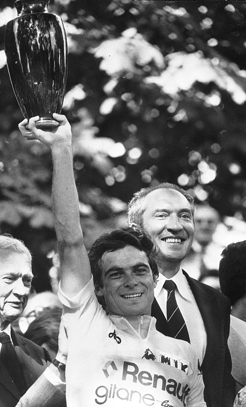 Bernard Hinault celebrating winning the general classification at the end of the Tour