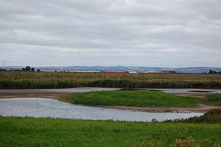 View from the Marshland bird hide, with a ship, on the Ouse, en route to Goole, in the background. Blacktoft Sands RSPB reserve with Ship.JPG