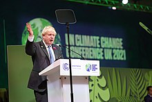 British Prime Minister Boris Johnson speaking at the 2021 United Nations Climate Change Conference in Glasgow. Boris Johnson on the Day 2 of COP26 World Leaders Summit.jpg